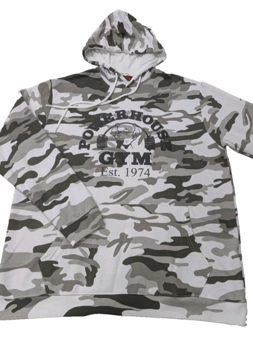 Powerhouse Gym Est 1974 Gray Camo Pullover Hoodie Sweatshirt XL 60/40 Cotton